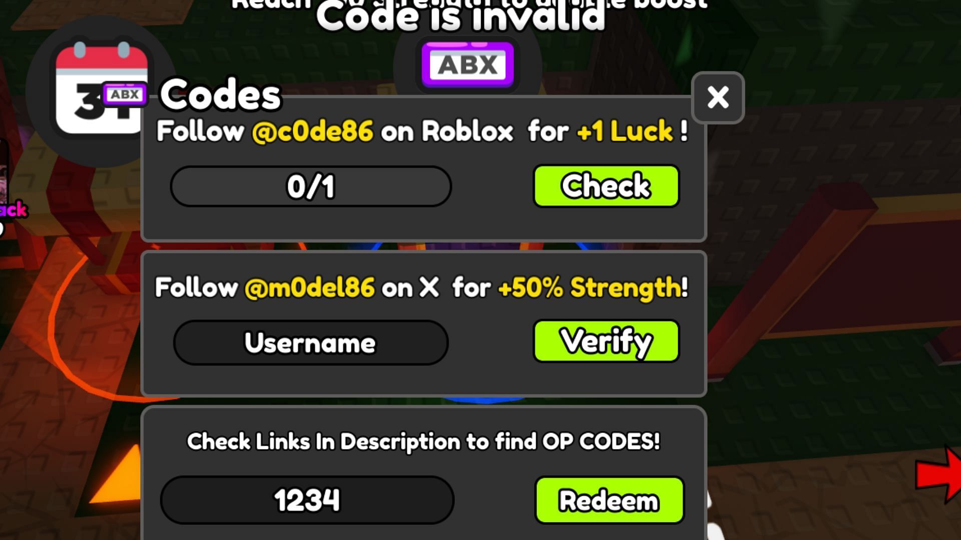 Anime Training RNG invalid code issue (Image via Roblox)