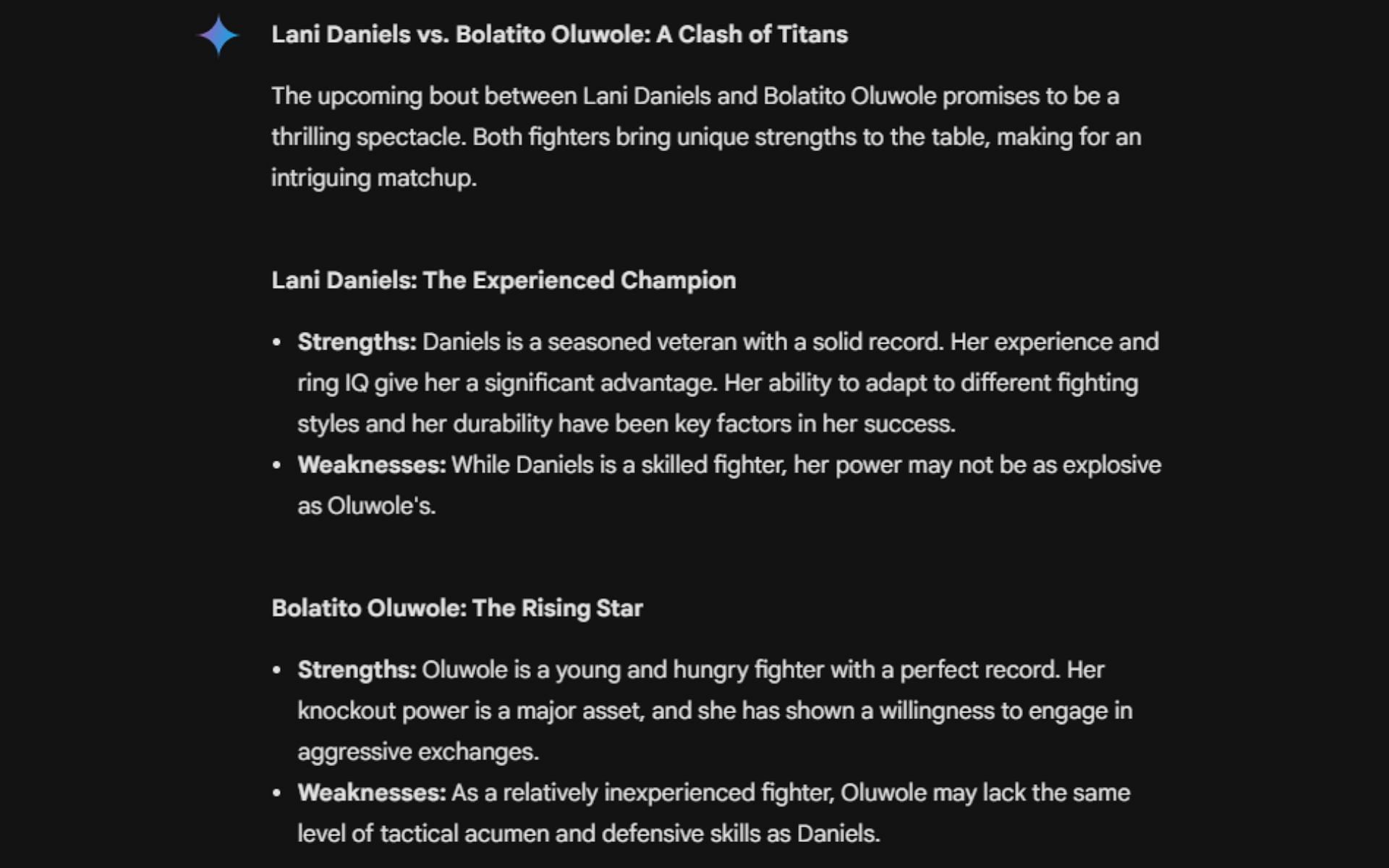 Google AI&#039;s prediction for Lani Daniels vs. Bolatito Oluwole