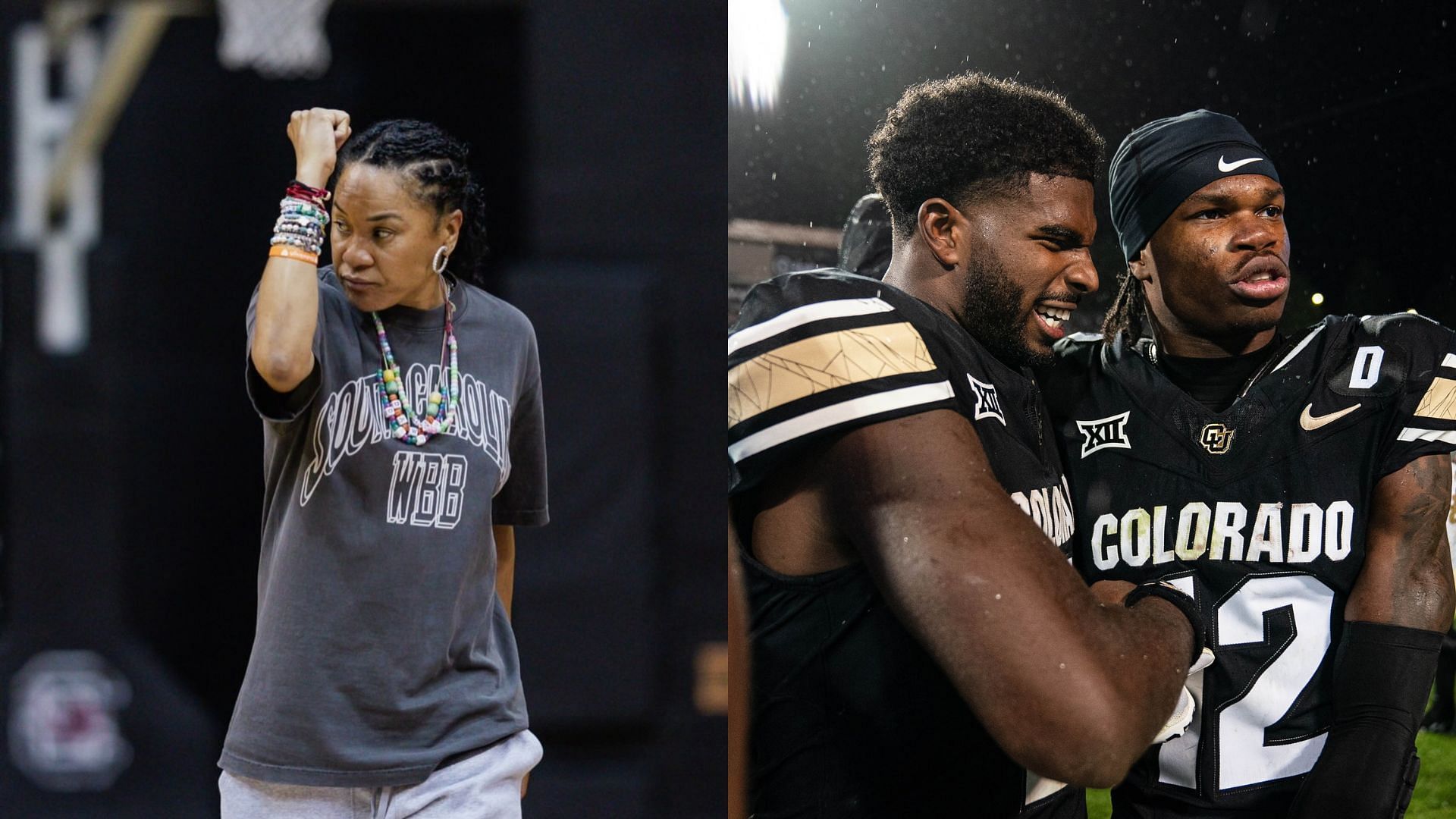 Dawn Staley, Shedeur Sanders and Travis Hunter