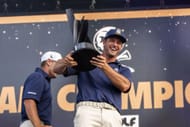 Crushers GC's captain Bryson DeChambeau celebrates with the team title trophy after winning LIV Golf Chicago at Bolingbrook Golf Club. (Image Source: Getty)