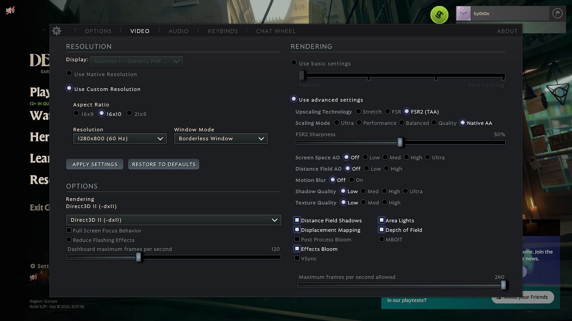 Deadlock graphics settings menu on Steam Deck (Image via Valve)