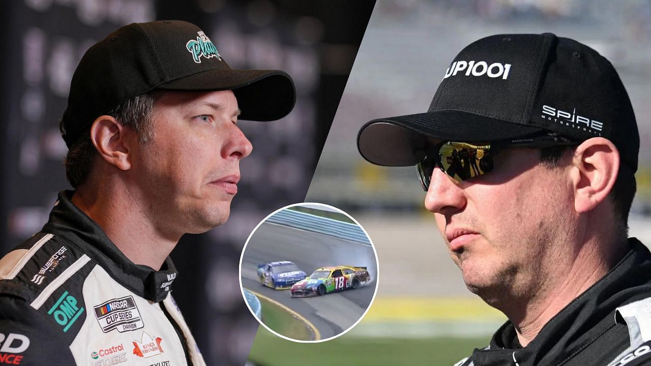 Brad Keselowski and Kyle Busch collide during the 2012 Finger Lakes 355 at Watkins Glen [Source: (L)Imagn, (R)Getty, (inset)NASCAR/X]