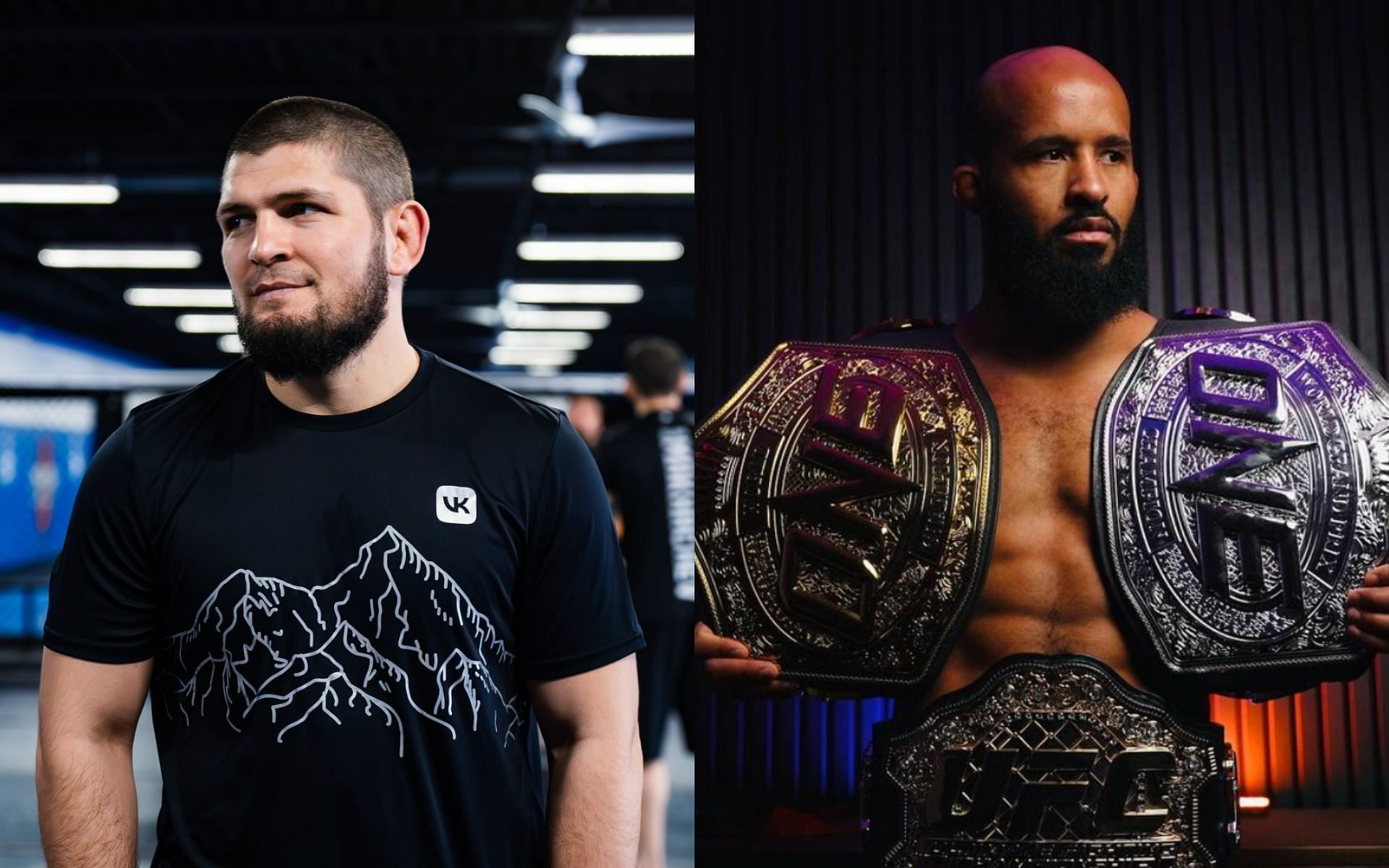 Khabib Nurmagomedov (left) sends a happy retirement message to Demetrious Johnson (right). [Images courtesy: @khabib_nurmagomedov, @mighty on Instagram]