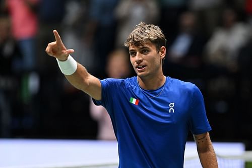 Flavio Cobolli in action for Italy at the 2024 Davis Cup Finals Group Stage (Picture: Getty)