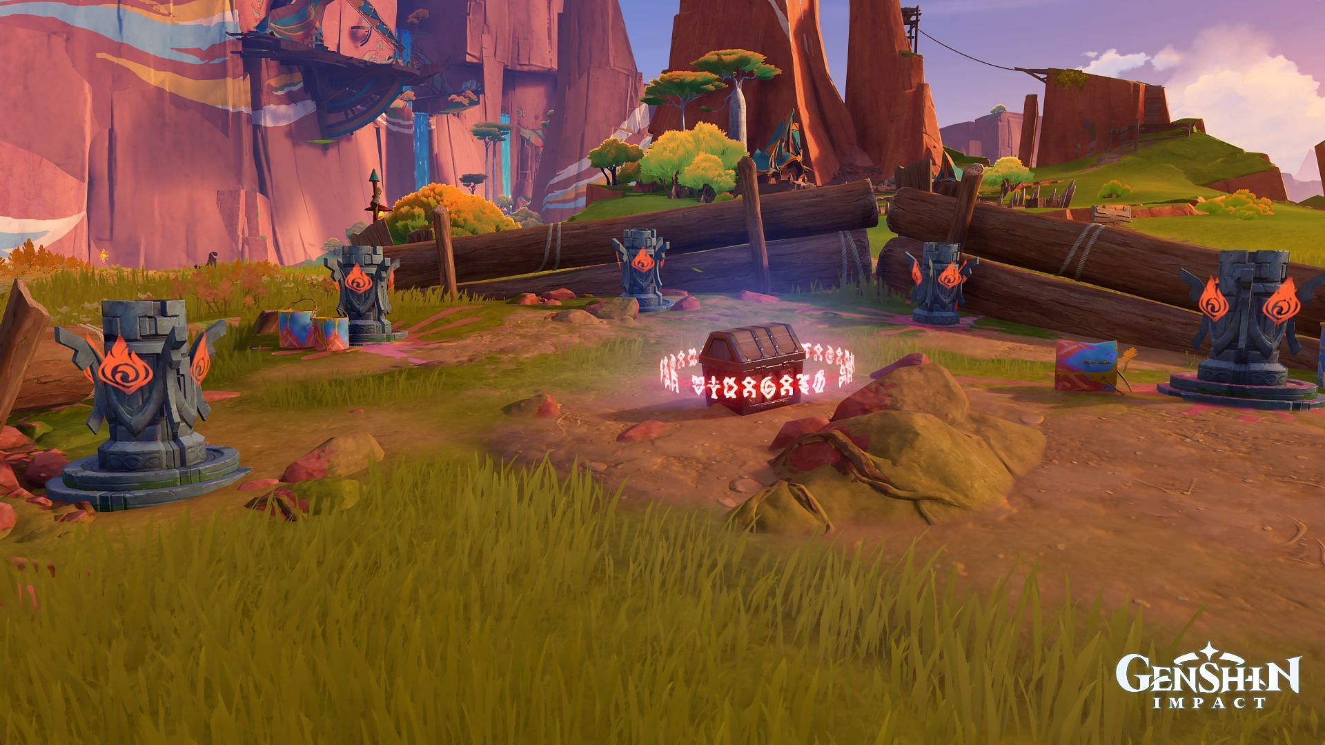 Puzzle with five Pyro totems in Sulfurous Veins (Image via HoYoverse)