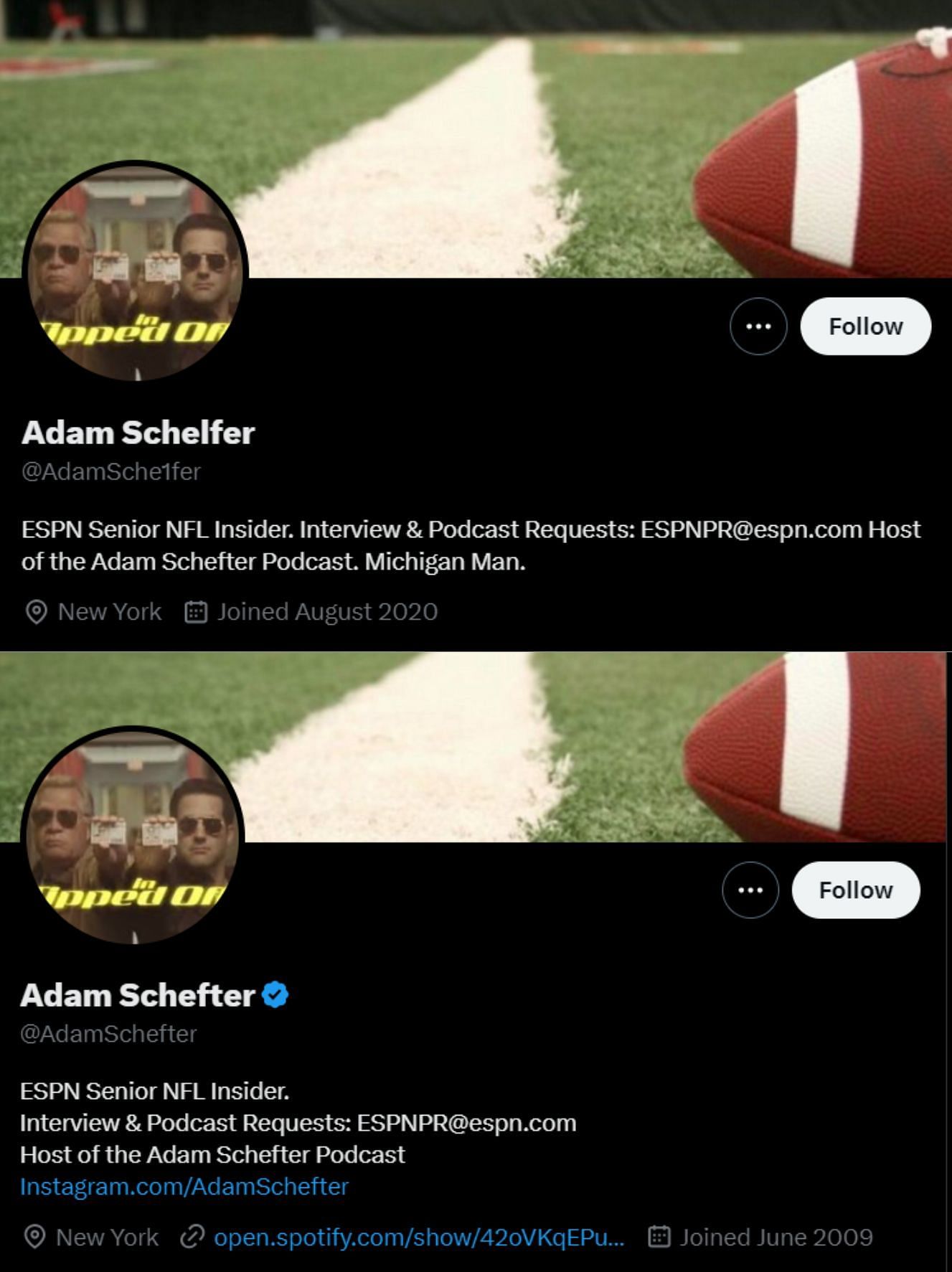 Fake vs original X page of ESPN&#039;s NFL insider Adam Schefter