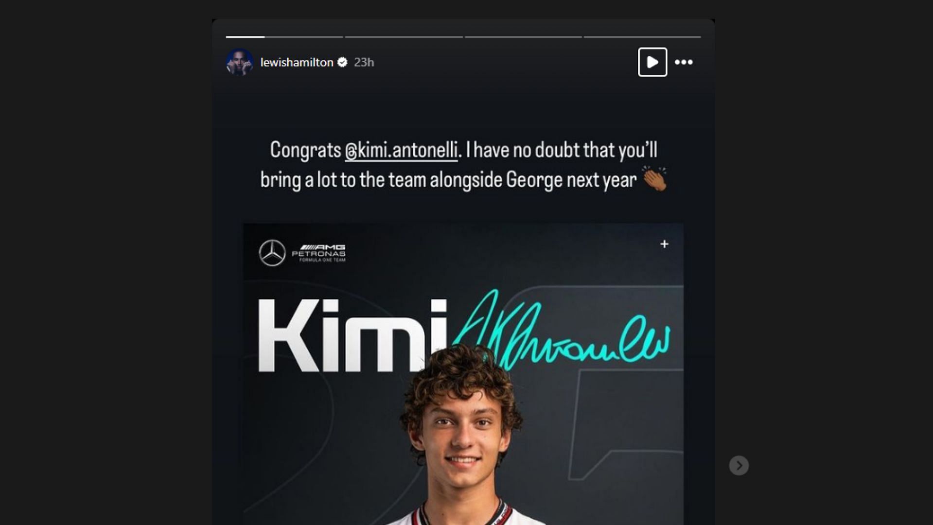 Lewis Hamilton&#039;s Instagram story congratulating Kimi Antonelli on getting a Mercedes seat for 2025 (@lewishamilton)