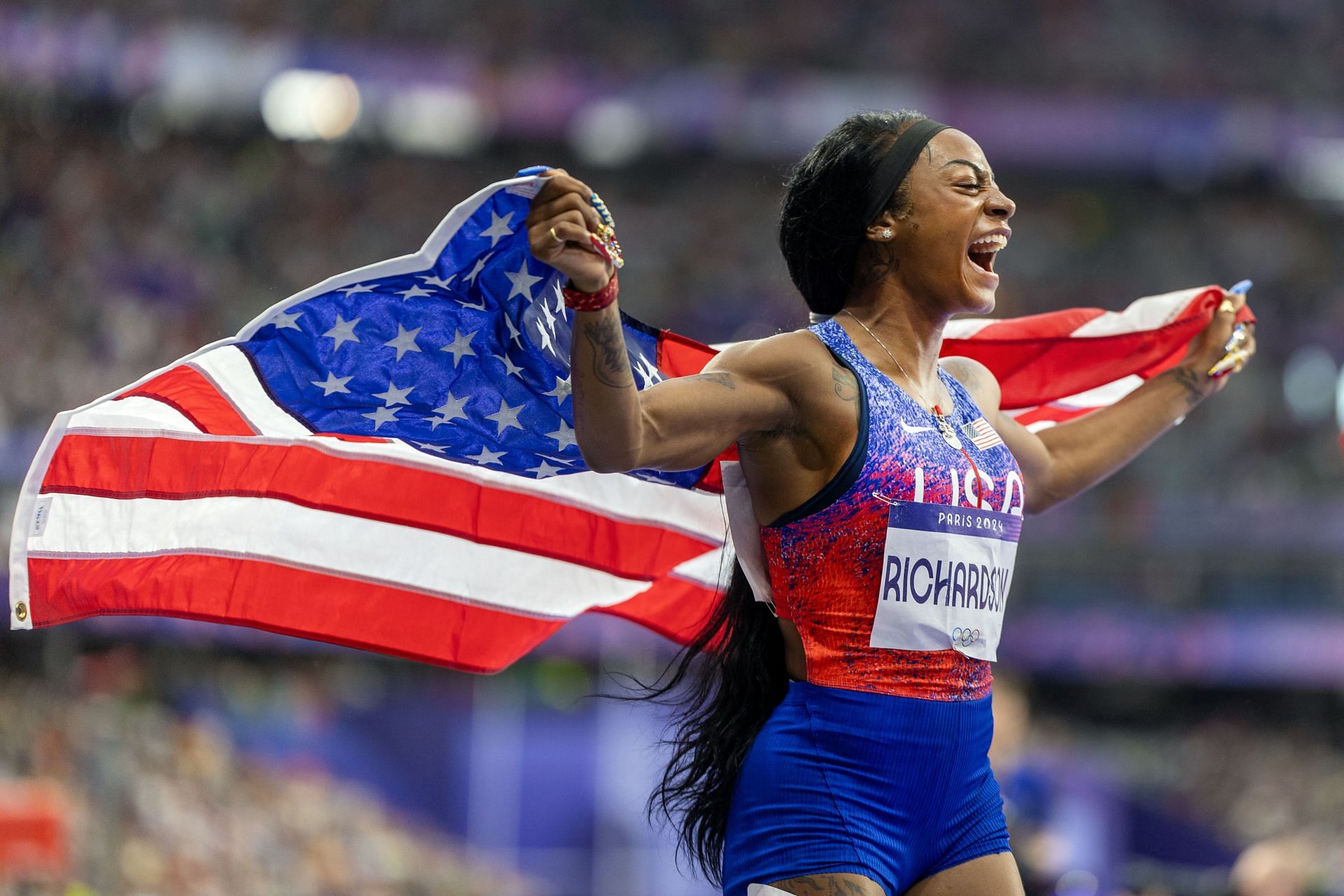 Sha&#039;carri Richardson of the United States celebrates after running the anchor leg of the team&#039;s gold medal win in the Women&#039;s 4 x 100m Relay Final during the Paris 2024 Summer Olympic Games, at the Stade de France in Paris, France. (Photo via Getty Images)