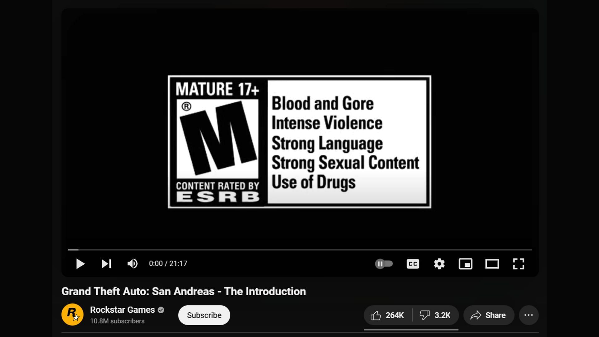 Rockstar Games showing the official rating of Grand Theft Auto: San Andreas in its introduction video. (Image via Rockstar Games)