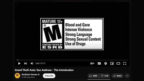 Rockstar Games showing the official rating of Grand Theft Auto: San Andreas in its introduction video. (Image via Rockstar Games)