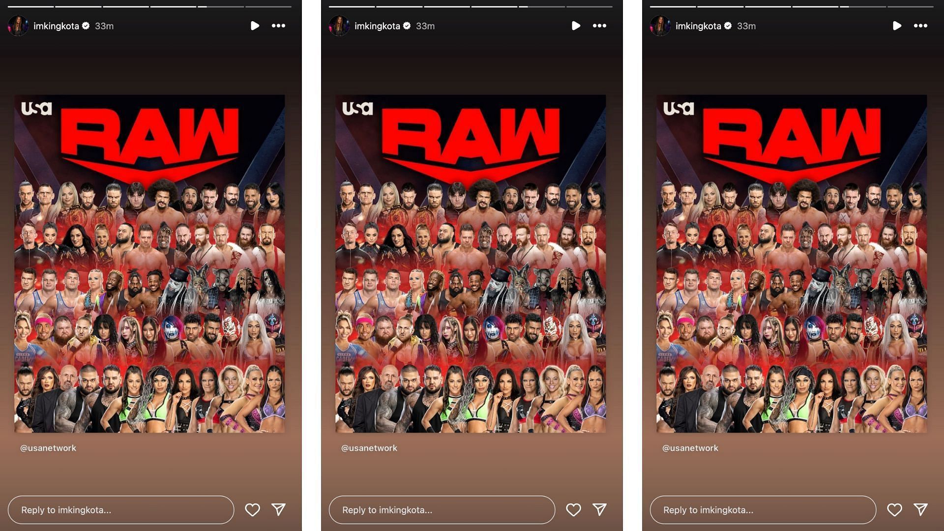 Kai shares USA Network's graphic of RAW roster on Instagram.