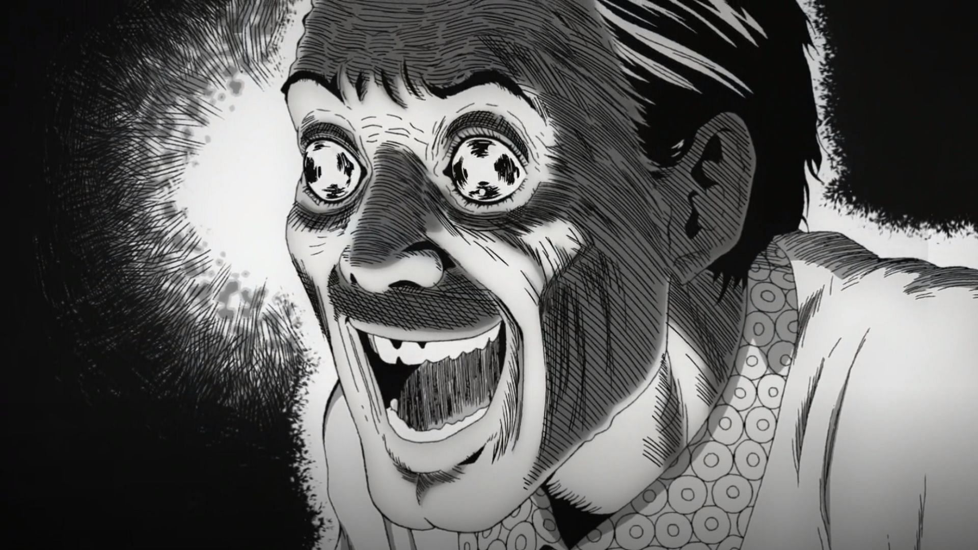 Shuichi&#039;s father&#039;s spinning eyes as seen in Uzumaki episode 1 (Image via Drive &amp; Akatsuki)