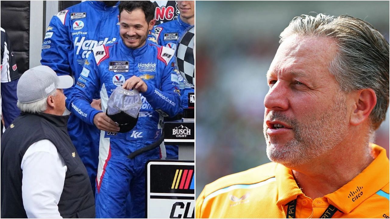(L) Kyle Larson with the NASCAR team owner Rick Hendrick &amp; (R) Zak Brown, CEO of McLaren Racing. ( Both images via Getty )
