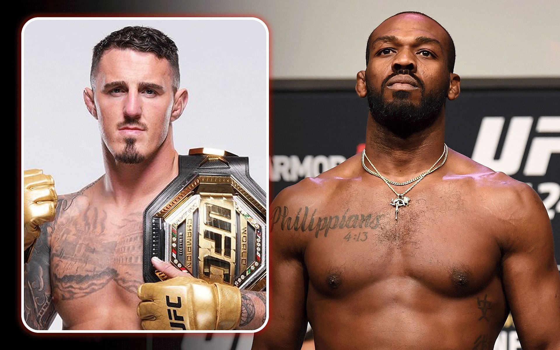 Tom Aspinall (inset) criticizes Jon Jones (right). [Images courtesy: Getty and @tomaspinallofficial on Instagram]