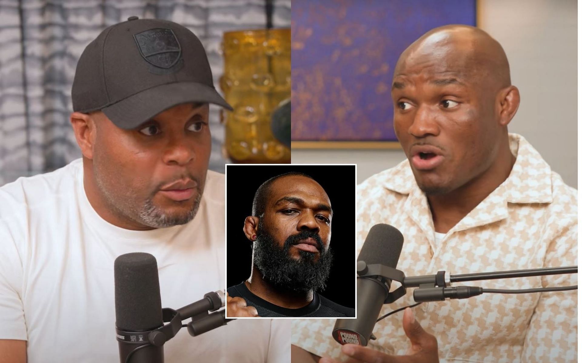 Daniel Cormier (left) disagrees with Kamaru Usman (rgiht) and his assessment of Jon Jones (insert). [Image credit: Pound 4 Pound podcast on YouTube, @jonnybones on Instagram]