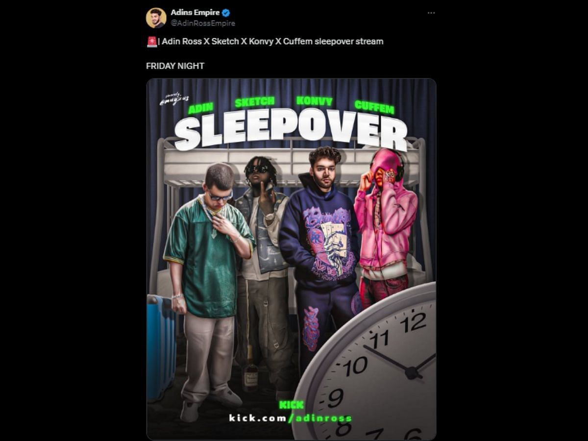 Adin Updates confirms sleepover stream featuring Adin Ross and Sketch (Image via X/Adin Updates)