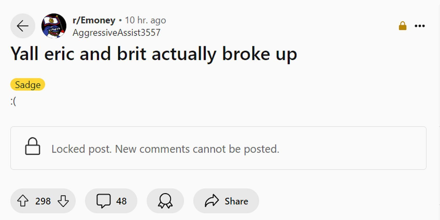 A fan reacts to the alleged break up (Image via r/Emoney)