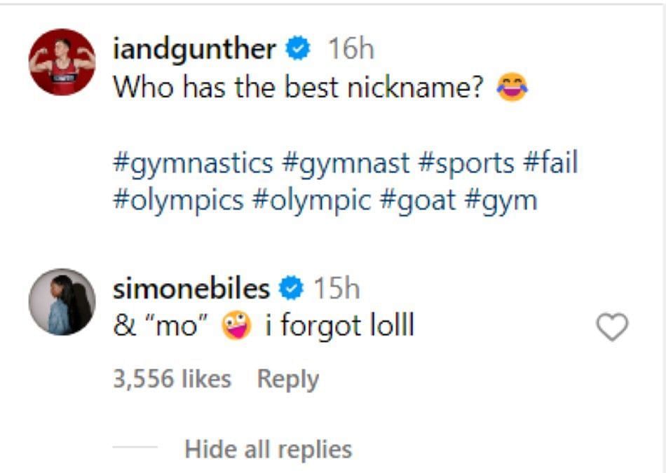 Simone Biles reveals her nickname (via Biles&#039; Instagram)