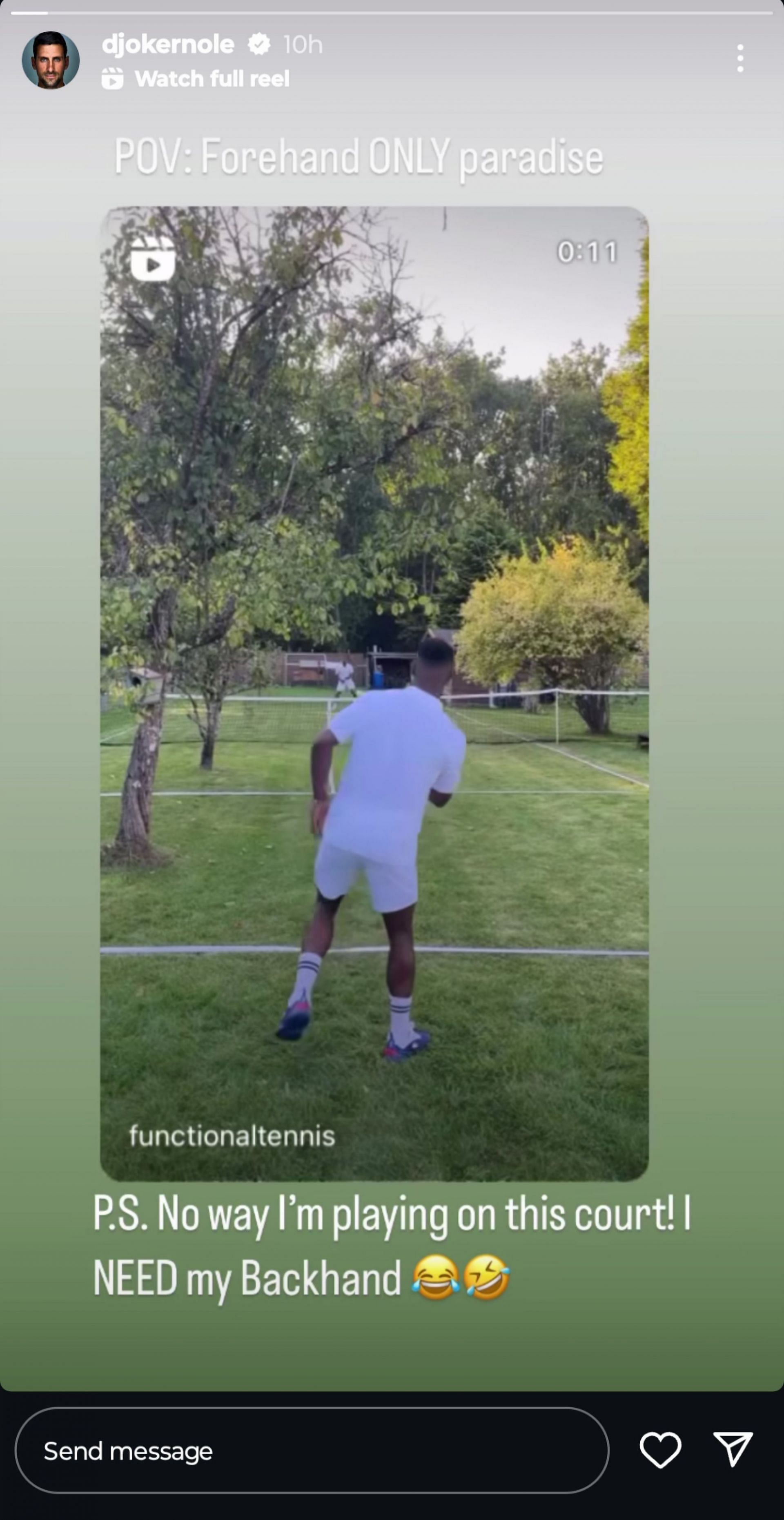 Screen grab of Novak Djokovc&#039;s Instagram story