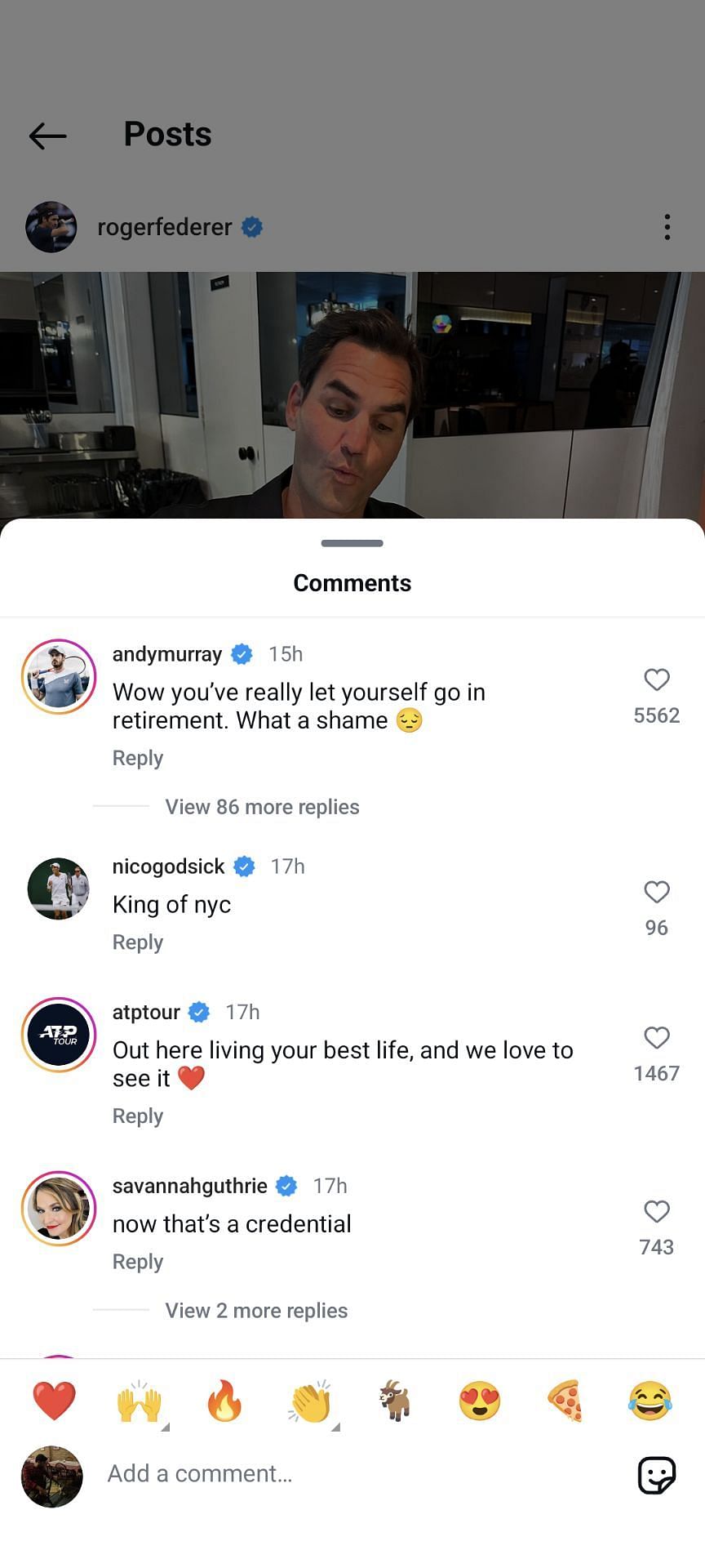 Andy Murray&#039;s comment on Roger Federer&#039;s Instagram post. (Credits: Instagram @rogerfederer)