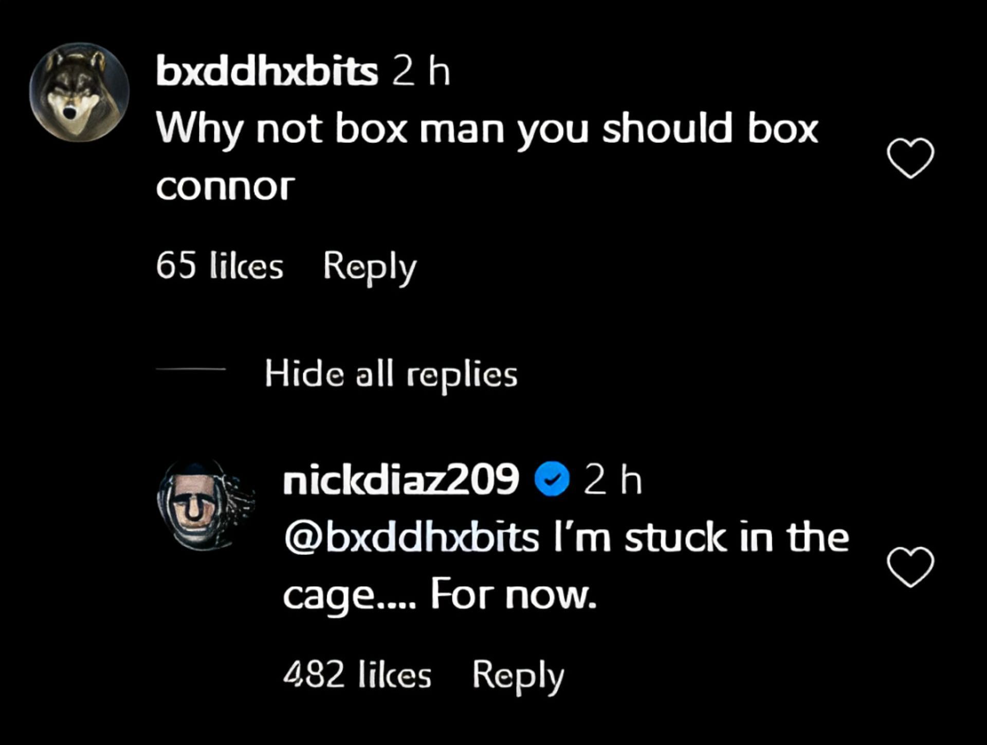 SS of @nickdiaz209&#039;s reply to a comment on his post