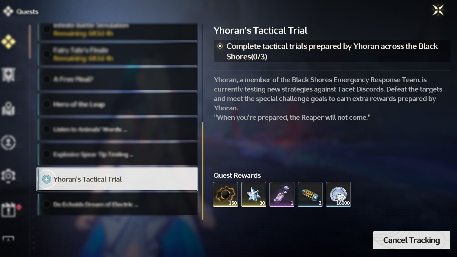 Yhoran&#039;s Tactical Trial quest and rewards (Image via Kuro Games)