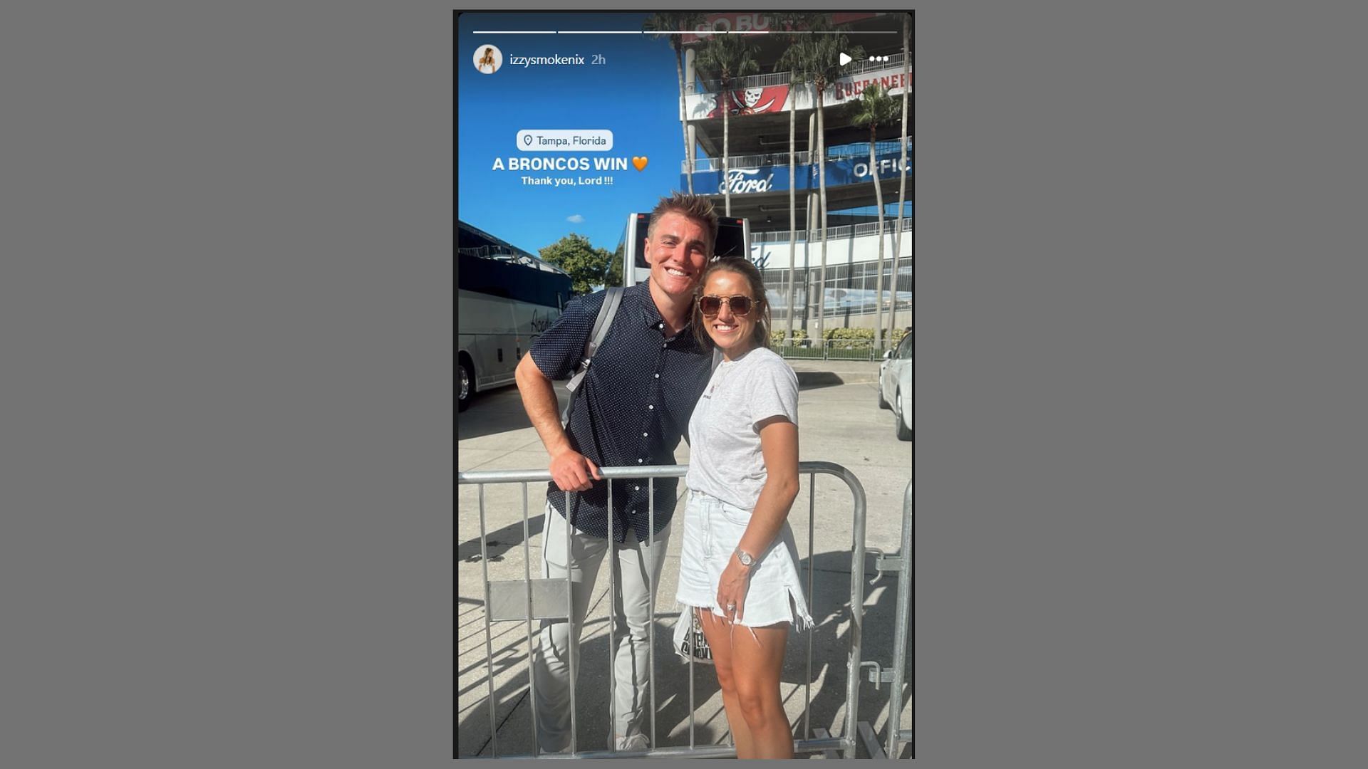 Bo Nix and wife, Izzy Nix, pose together after the Broncos&#039; win over the Tampa Bay Buccaneers (Image Source: instagram.com/izzysmokenix)