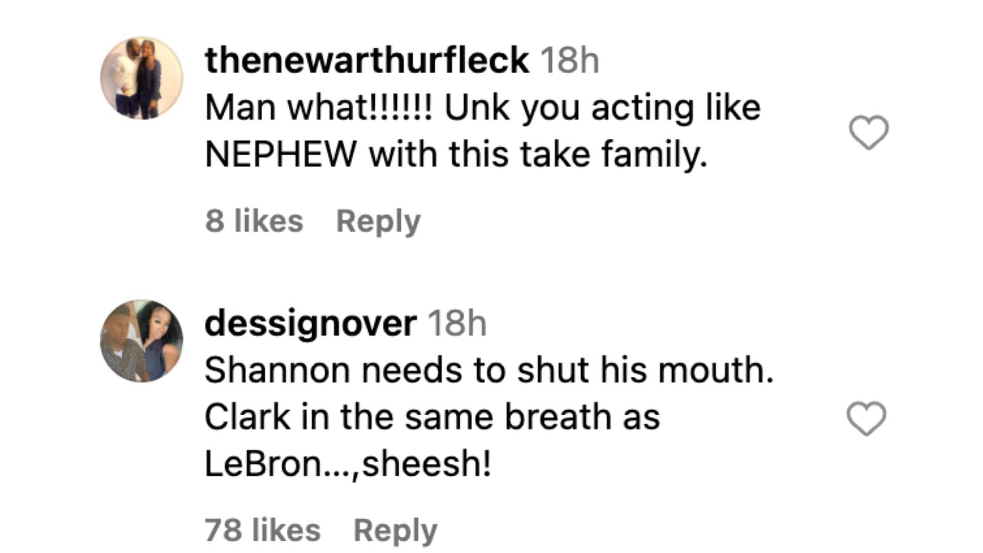 Fans comments on Shannon Sharpe&#039;s recent comments comparing Clark to James. Image credit: First Take&#039;s IG account