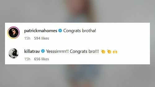 Patrick Mahomes and Travis Kelce's comment on Juju Smith-Schuster and Laura Kruk's Instagram post (Image Source: Kruk/Instagram)