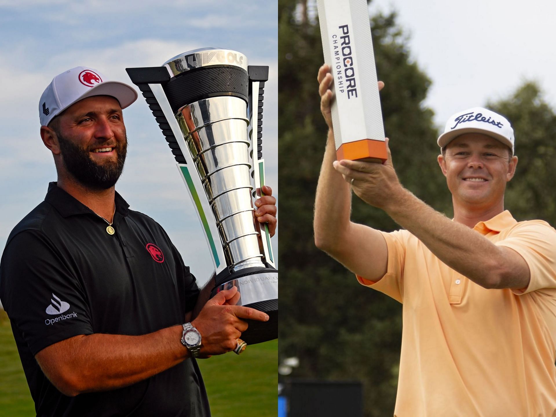 Jon Rahm poses with LIV Golf Championship trohpy and Patton Kizzire poses with Procore Championship trophy (Image 1 via Imagn, Image 2 via Getty)