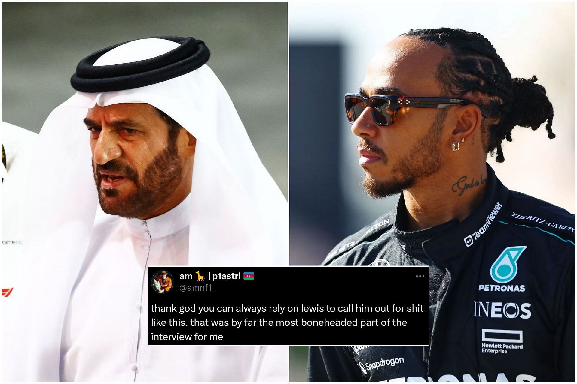 Mohammed Ben Sulayem (L) and Lewis Hamilton (R) (Images via Getty || X/@amnf1_)