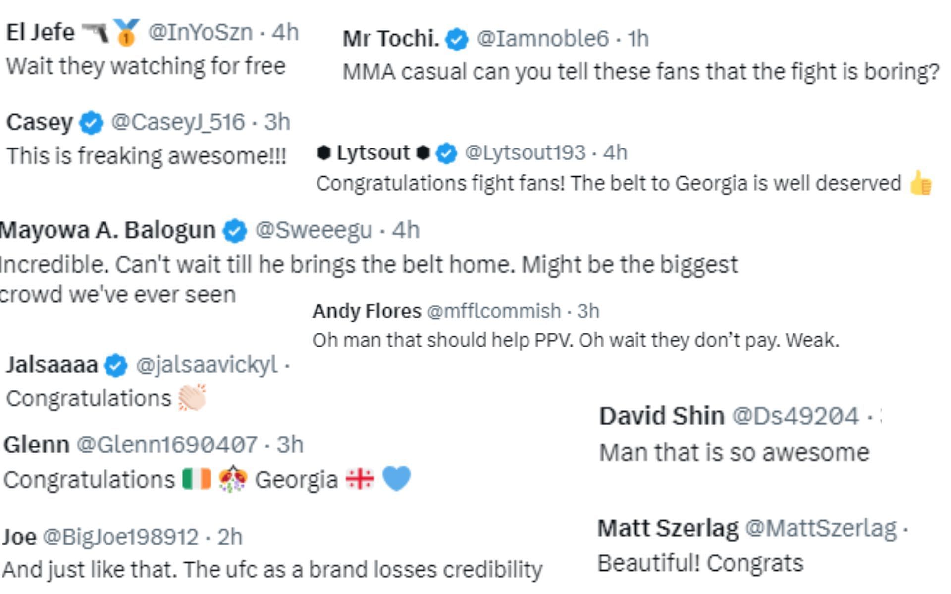 Screenshot of fan reactions to Dvalishvili being celebrated in Georgia after winning UFC title