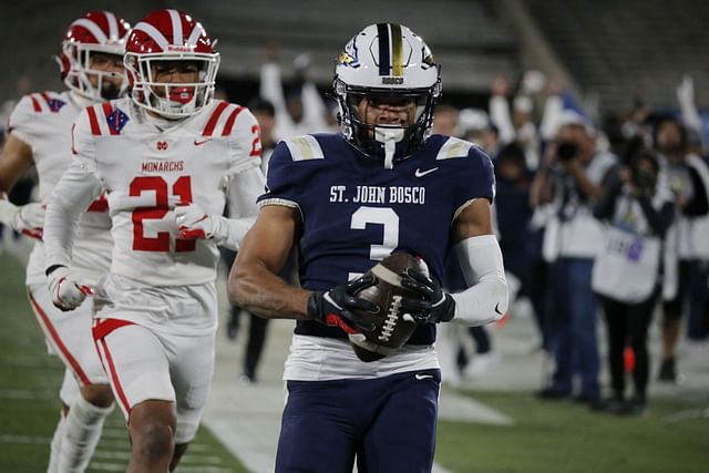 Action shots from CIF Southern Section Division 1 championship football game between Mater Dei High Schoiol and St. John Bosco High School at the Rose Bowl in Pasadena. Mater Dei coach Bruce Rollinson will coach his final game. Mater Dei quarterback Elija - Source: Getty