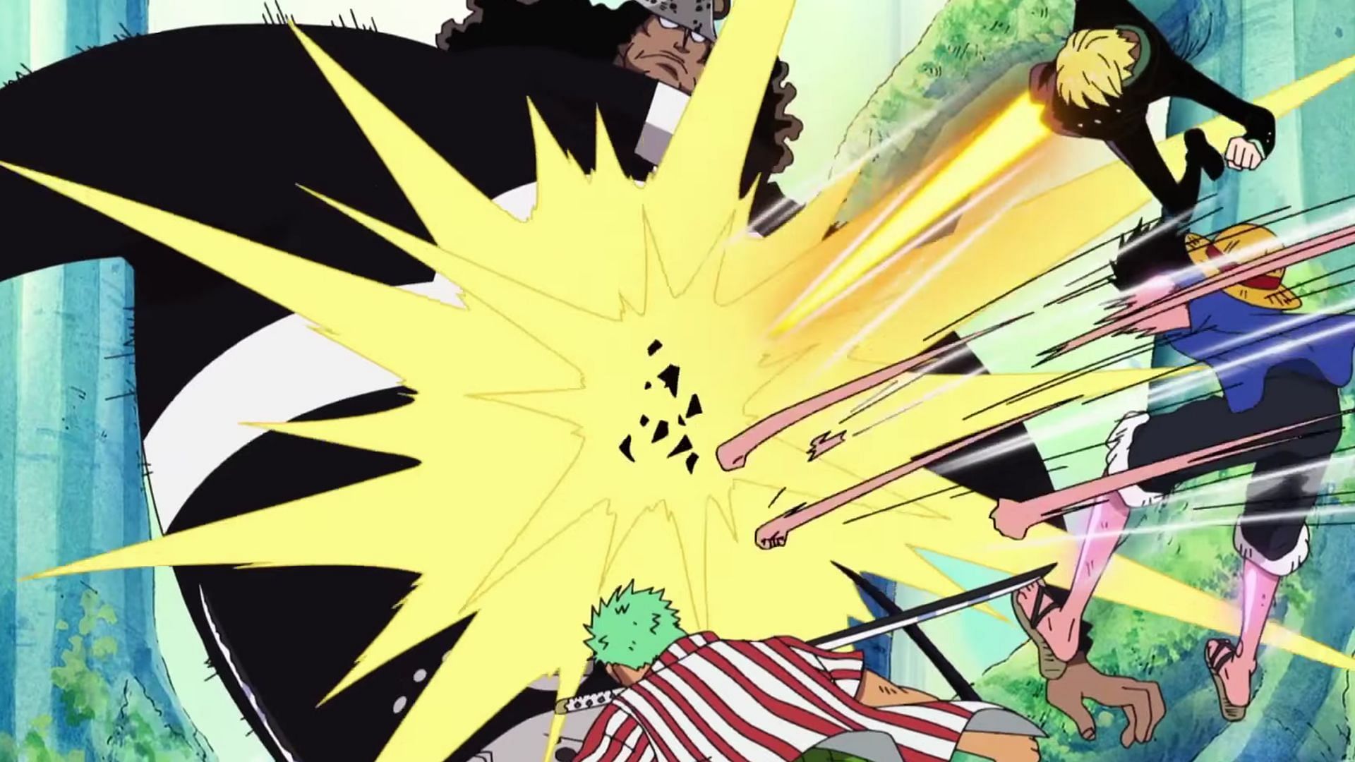 Luffy, Zoro, and Sanji attack the Pacifista in One Piece episode 402 (Image via Toei Animation)