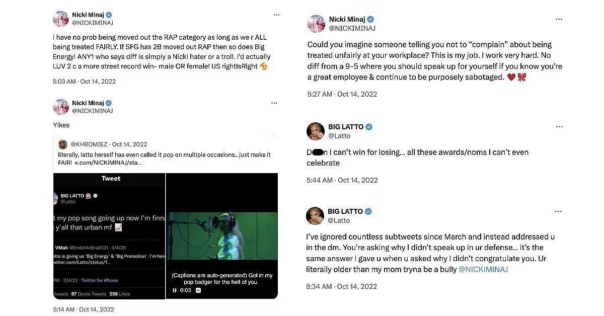 Feud between Nicki Minaj and Latto over Grammy nominations 2022 (Screenshots via X/@NICKIMINAJ @Latto)