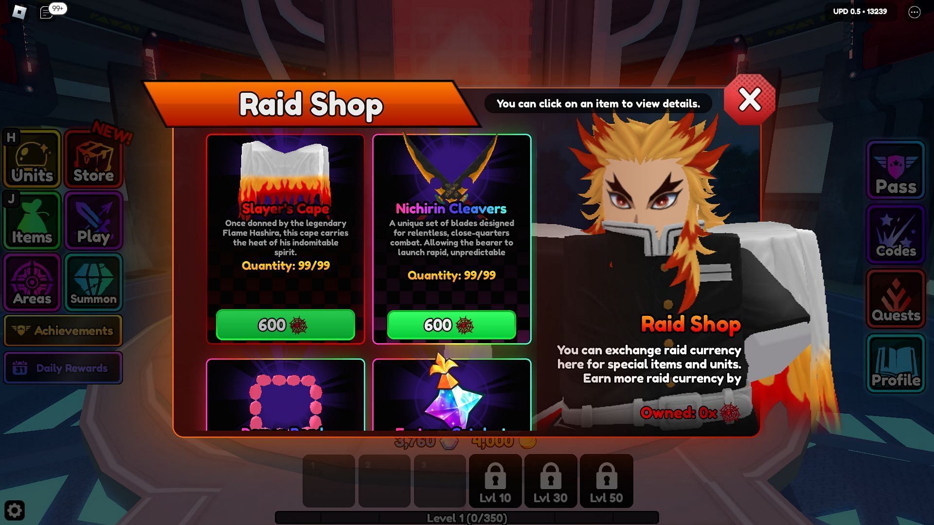 Get Slayer&#039;s Cape from the Raid Shop (Image via Roblox)