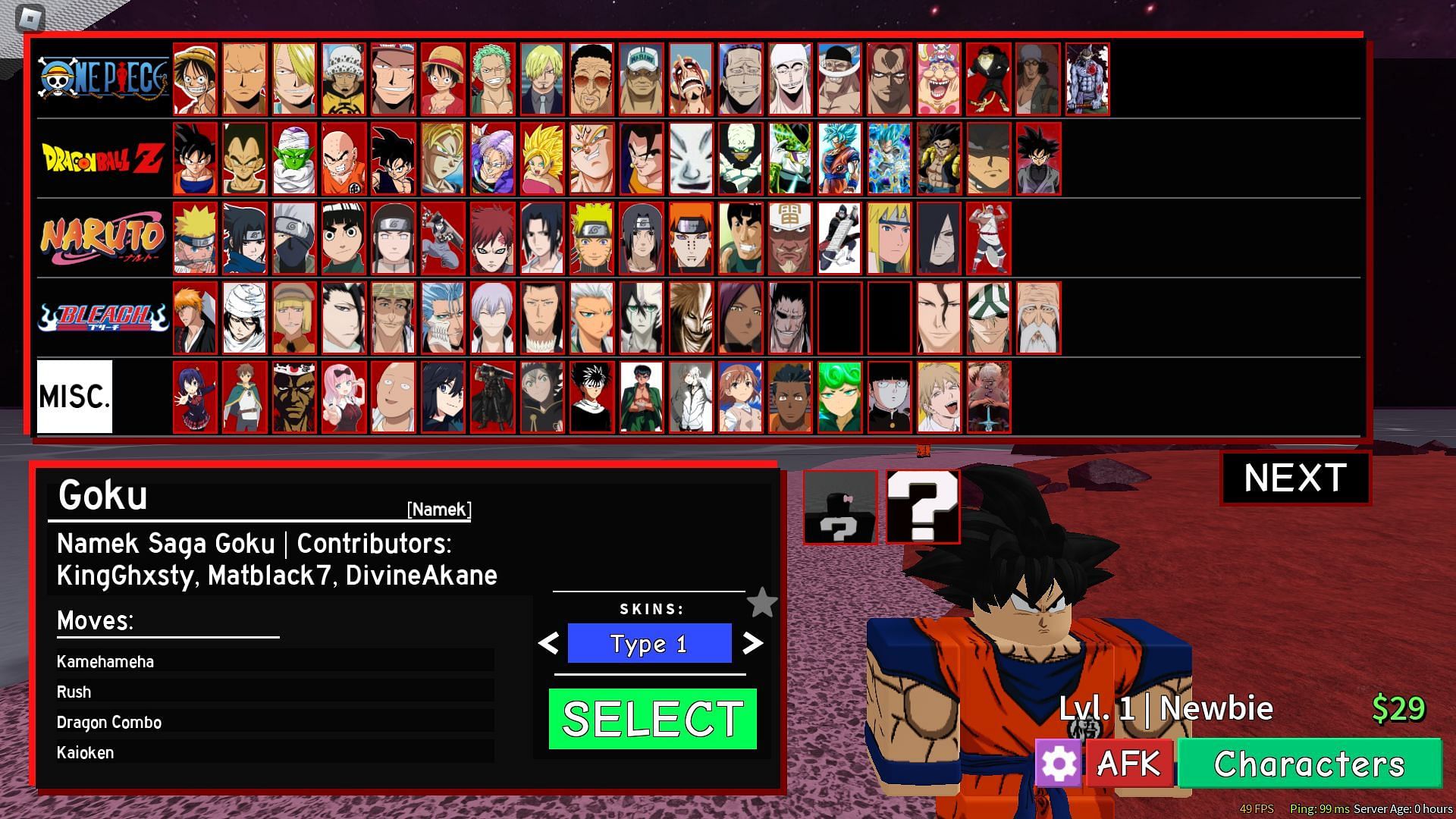 Dragon Ball characters in the Character Select screen (Image via Roblox)