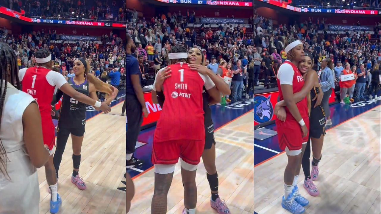 Fans react to NaLyssa Smith and DiJonai Carrington sharing a hug after the Connecticut Sun swept the Indiana Fever in the playoffs. [photo: @WNBA/X]