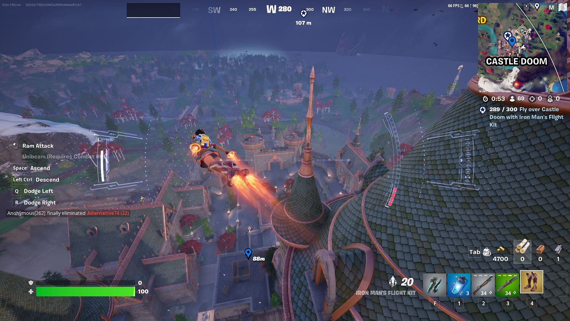 Fly over Castle Doom in Iron Man's Flight kit to complete this part of the I am Iron Man Story Quests in Fortnite Chapter 5 Season 4 (Image via Epic Games)