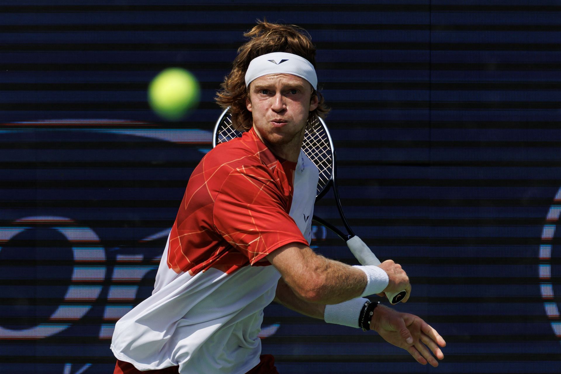 Andrey Rublev hits a forehand. (Getty)