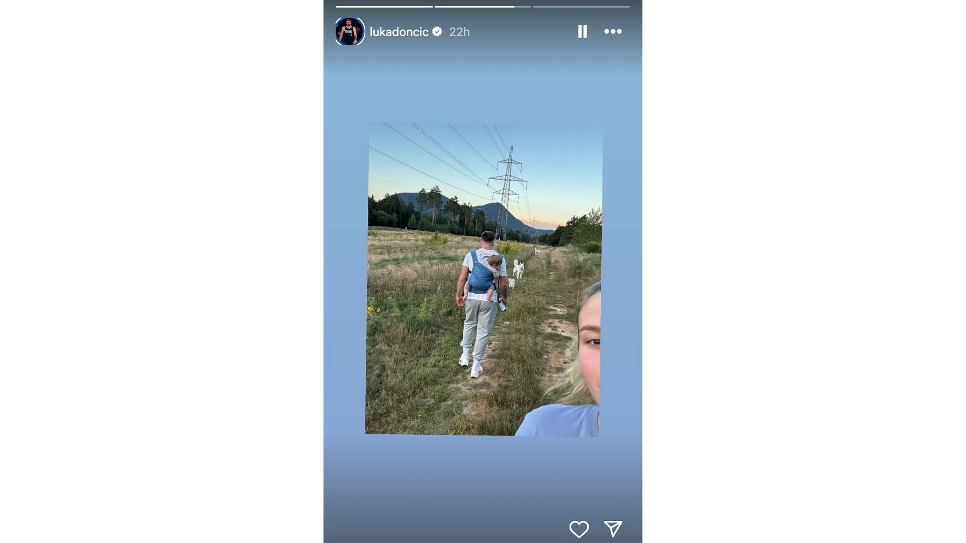 Luka Doncic walks the countryside with  daughter Gabriela on his back. Photo Credit: Luka Doncic&#039;s IG account