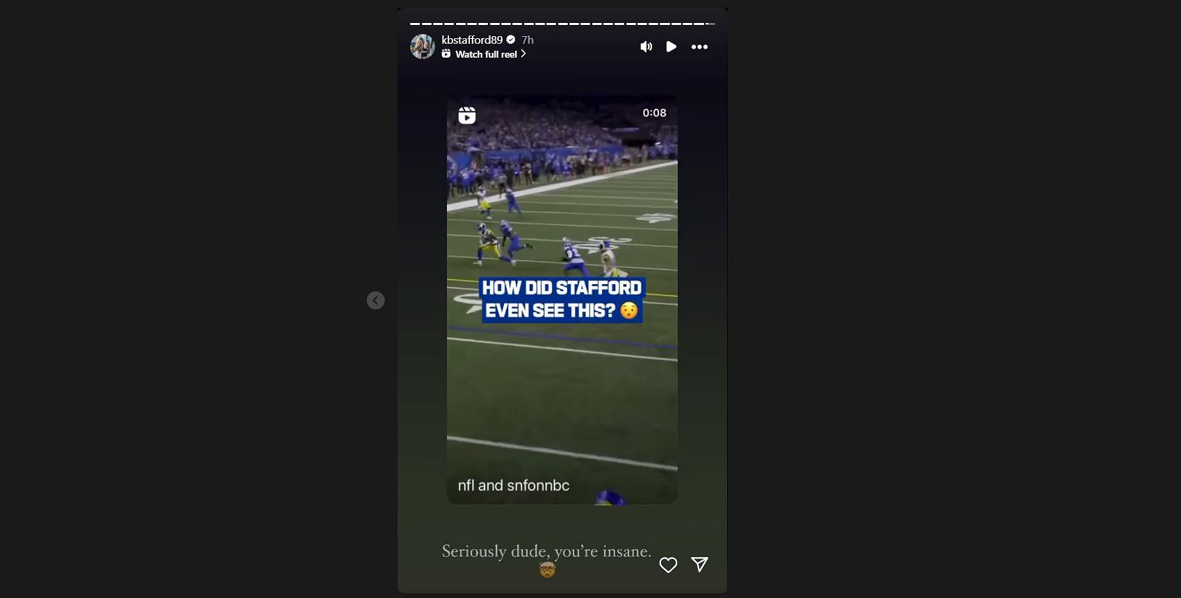 Kelly Stafford reacts to Matthew's insane pass (Kelly's IG Story)