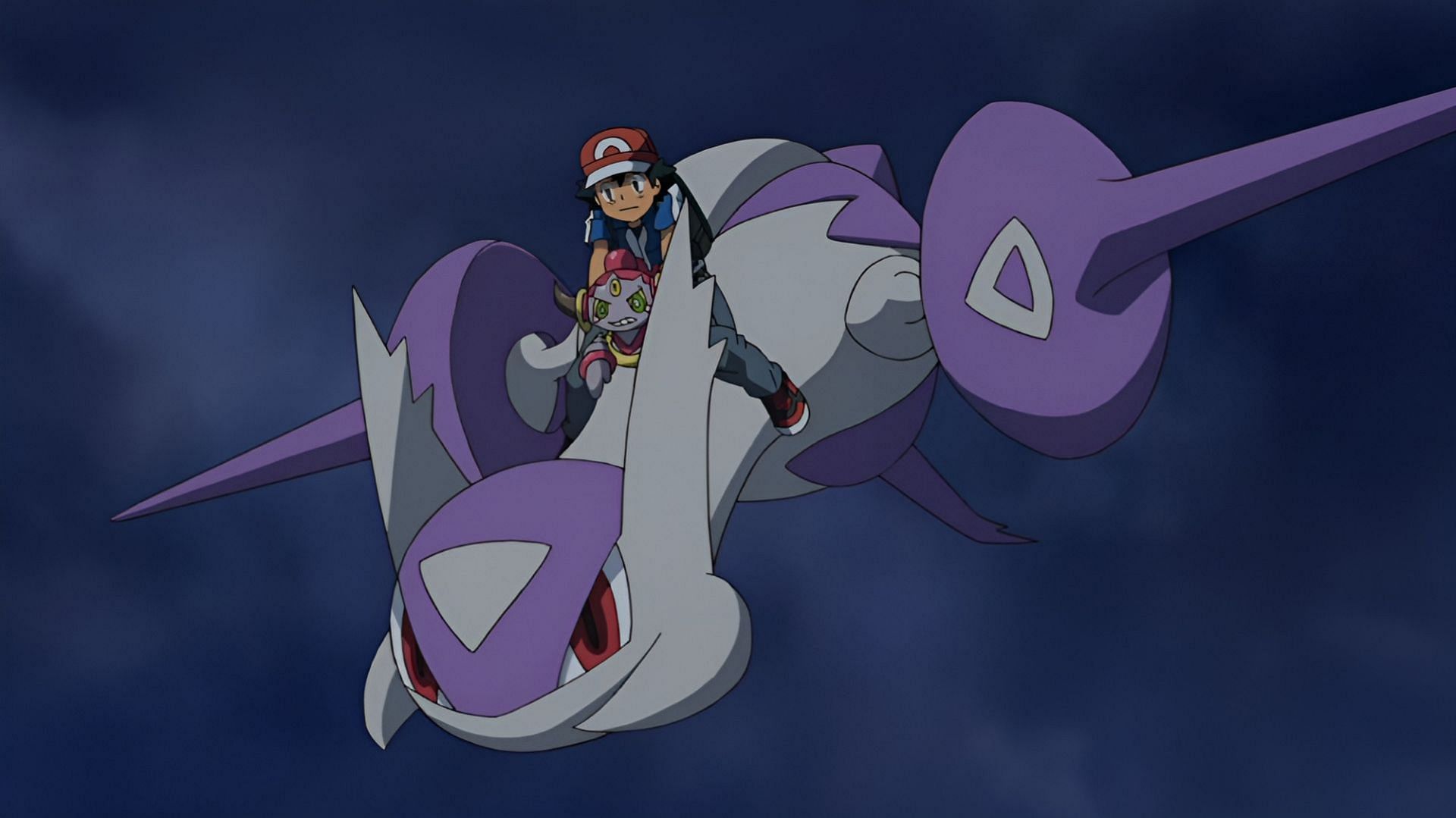 Ash and Hoopa ride Mega Latios (Image via The Pokemon Company)