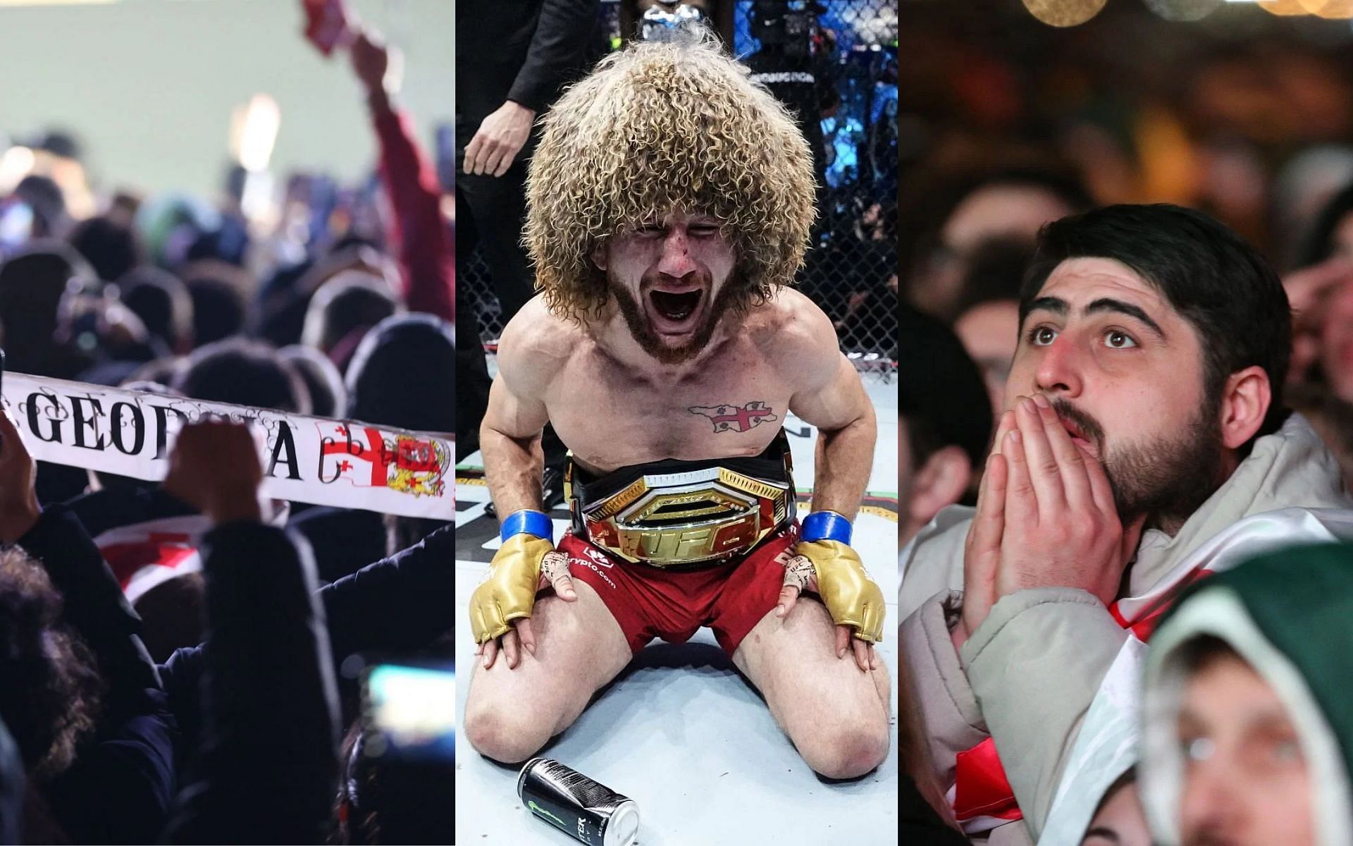 Thousands of Georgian fans (left) and (right) celebrate Merab Dvalishvili (middle) being crowned champion at Noche UFC 306 [Images courtesy: Getty Images]