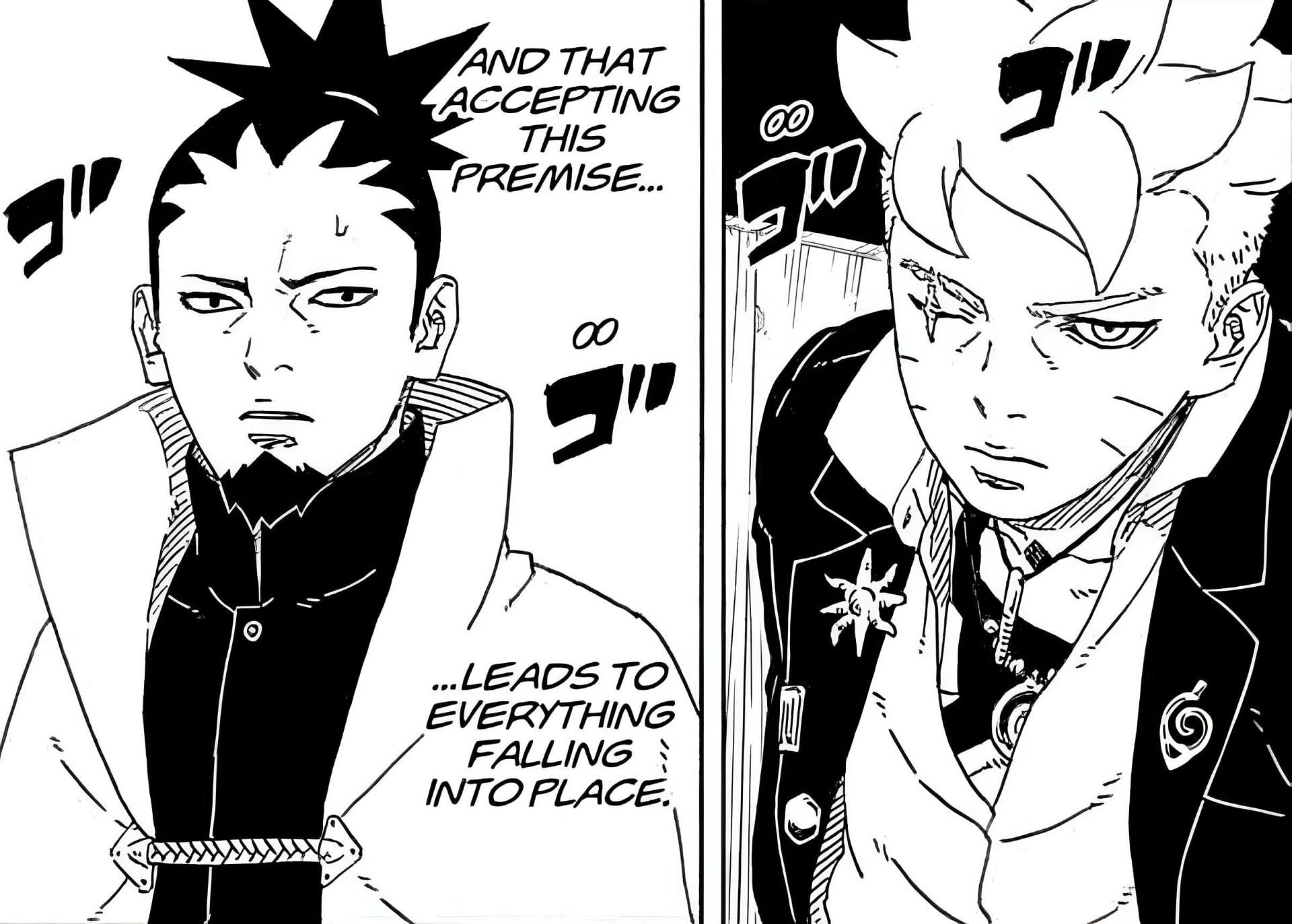 Shikamaru and Boruto as seen in Boruto: Two Blue Vortex chapter 14 (Image via Shueisha)