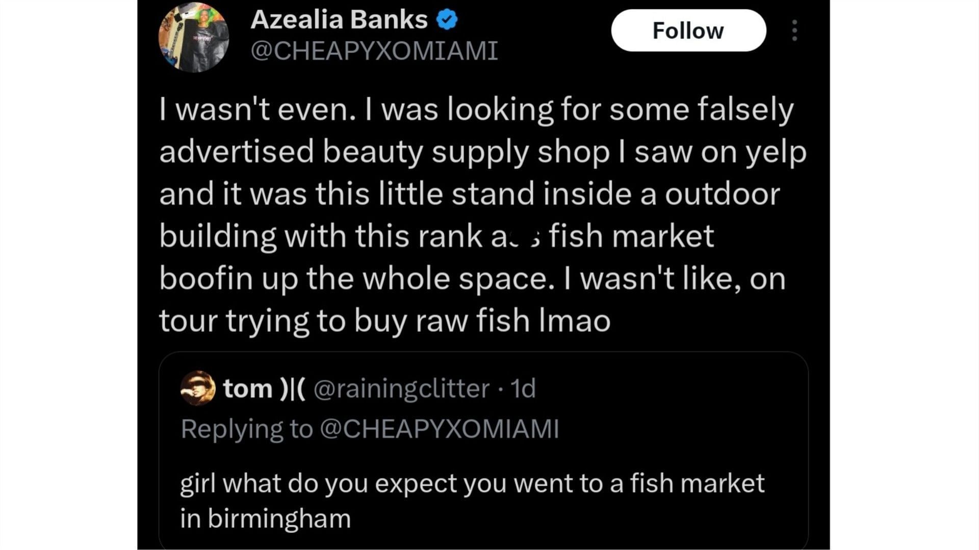 Azealia Banks&#039; response on X, (Photo via @CHEAPYXOMIAMI/X)