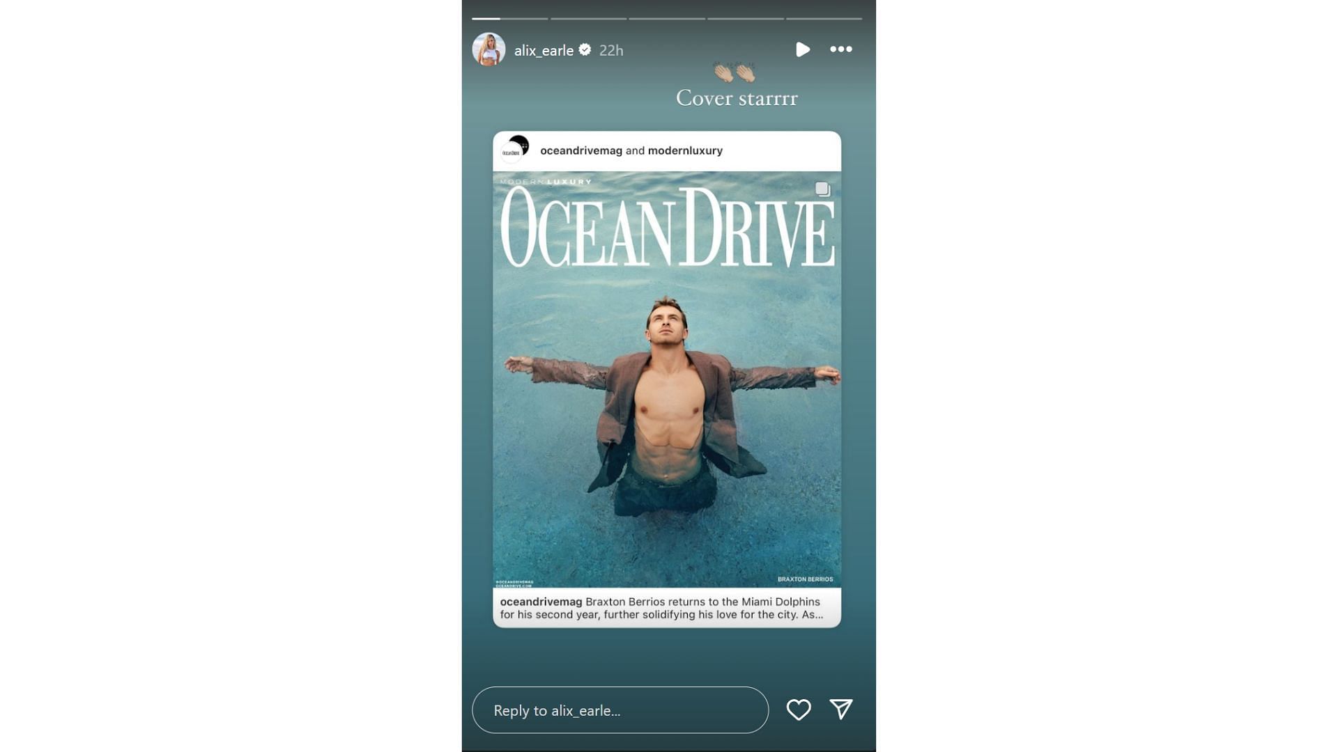 Alix Earle hypes boyfriend and Dolphins star Braxton Berrios' cover [Image credit: @alix_earle IG]