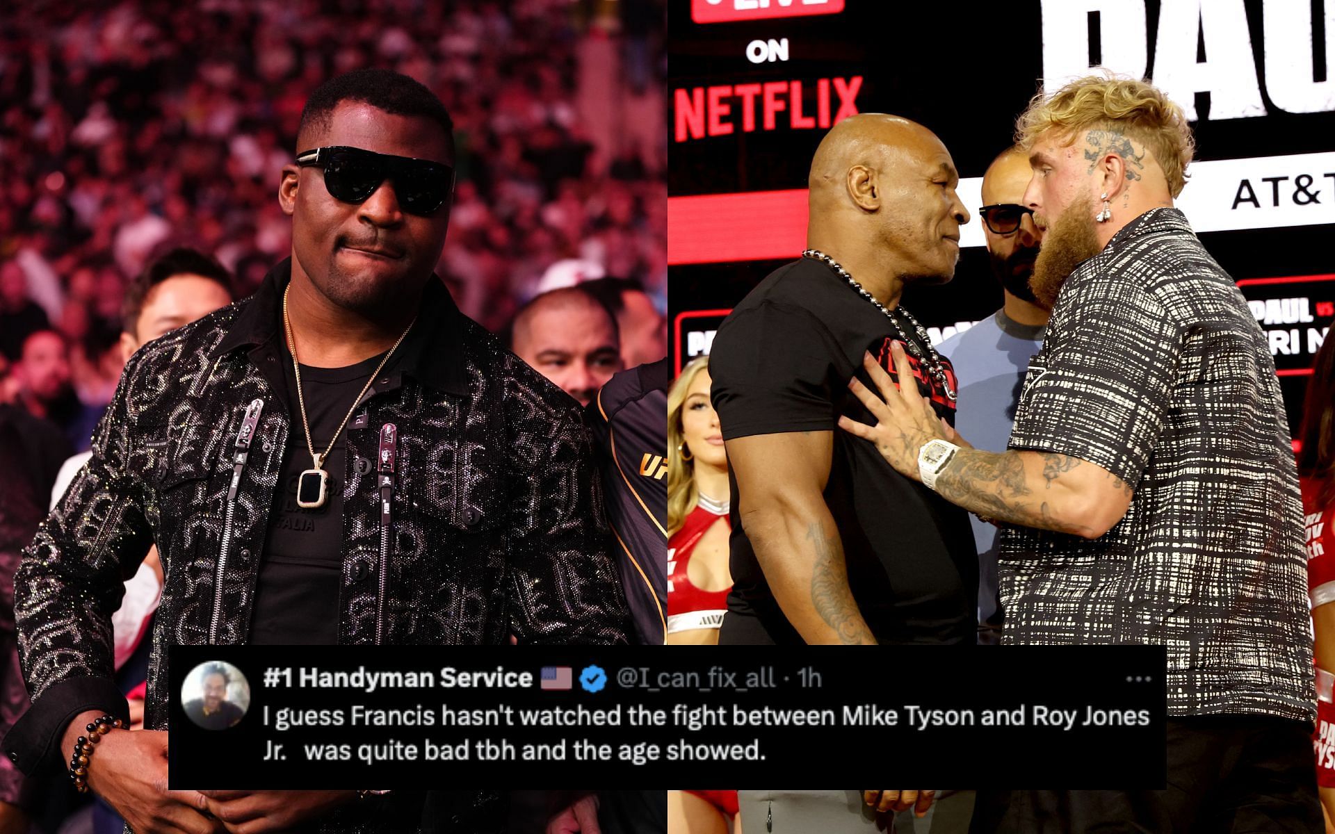 Fans react to Francis Ngannou (left) predicting Jake Paul vs. Mike Tyson fight (right). [Image courtesy: Getty Images] 