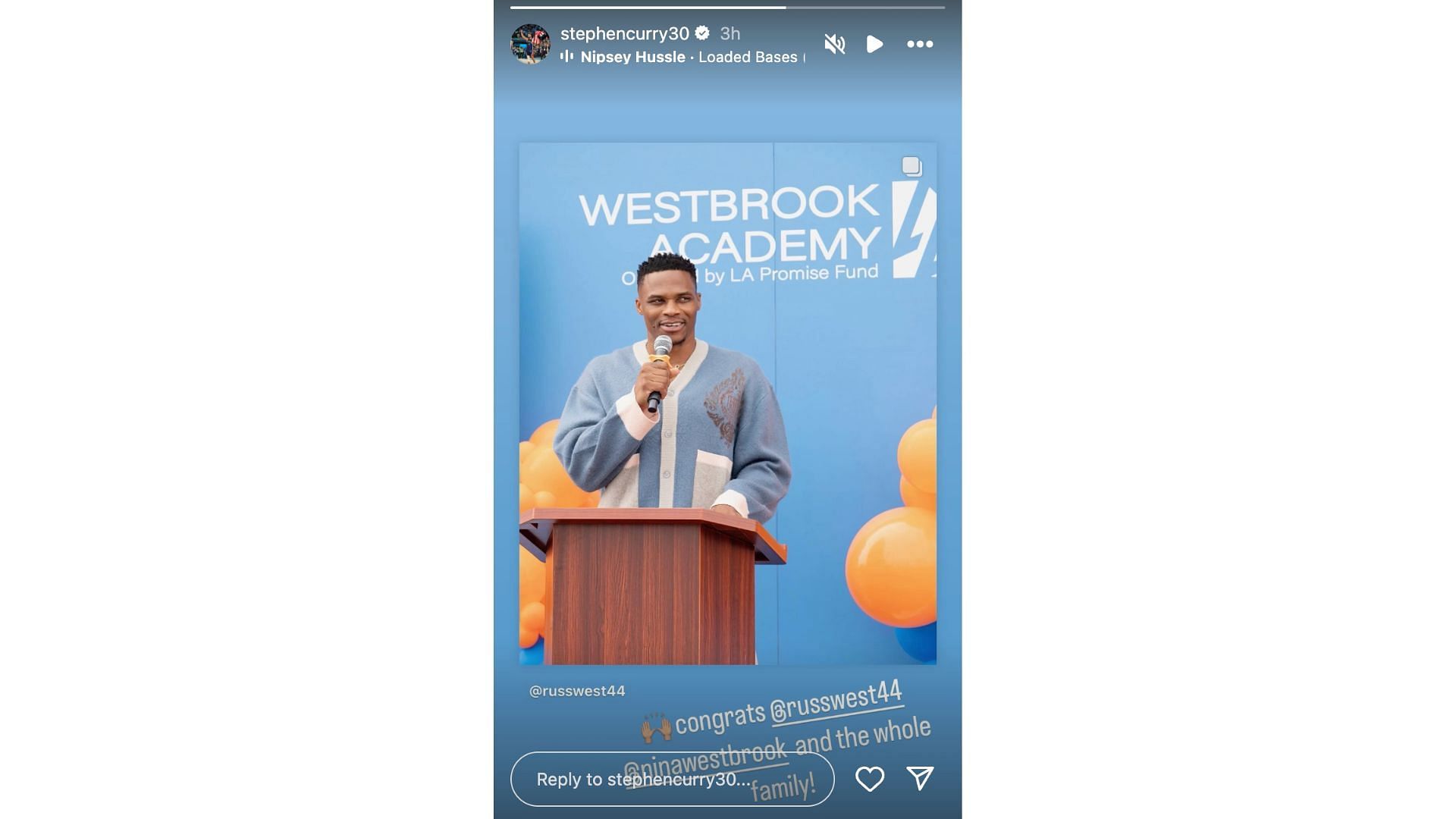 Steph Curry posts a message of support for Russell Westbrook&#039;s academy in LA. Photo Credits: Stephen Curry&#039;s IG account