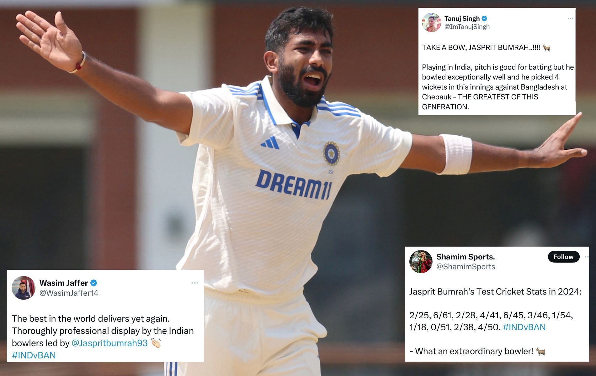 Jasprit Bumrah registered figures of 11-1-50-4 in 1st innings of Chennai Test. (Pics: X) 